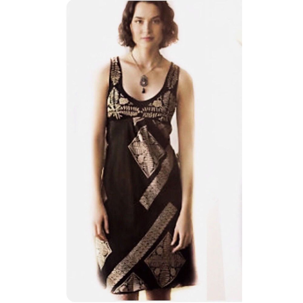 Anthropologie Silk Embroidered Racerback Black Motif‎ Lined Dress $198 NEW M